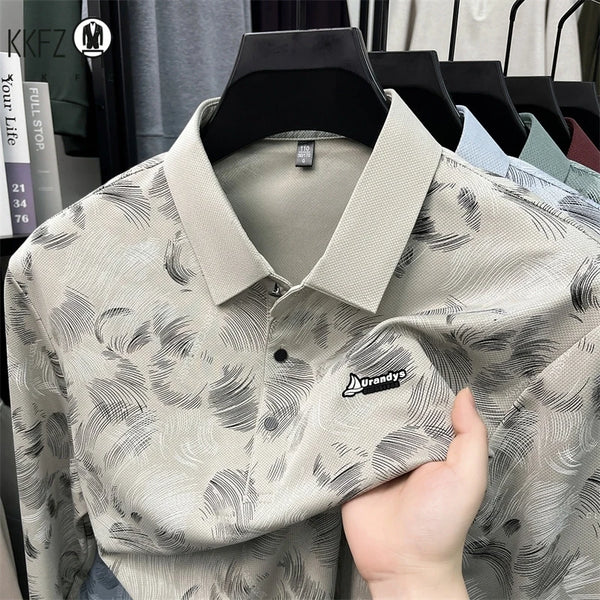Mens Summer Short Sleeve Polo Top Feather Print Mesh Fabric Turn Down Collar Comfortable Business Casual Shirt