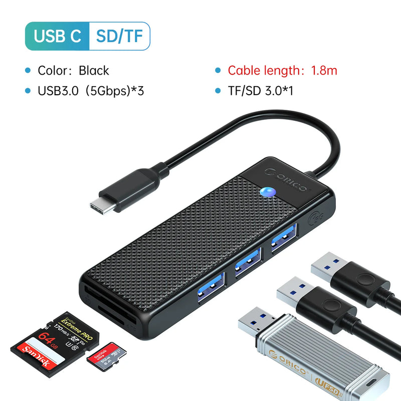 ORICO USB 3.0 Hub USB Adapter Port Extender SD/TF Card Reader PD100w Charging Port Compatible With PC Laptop 5Gbps hub