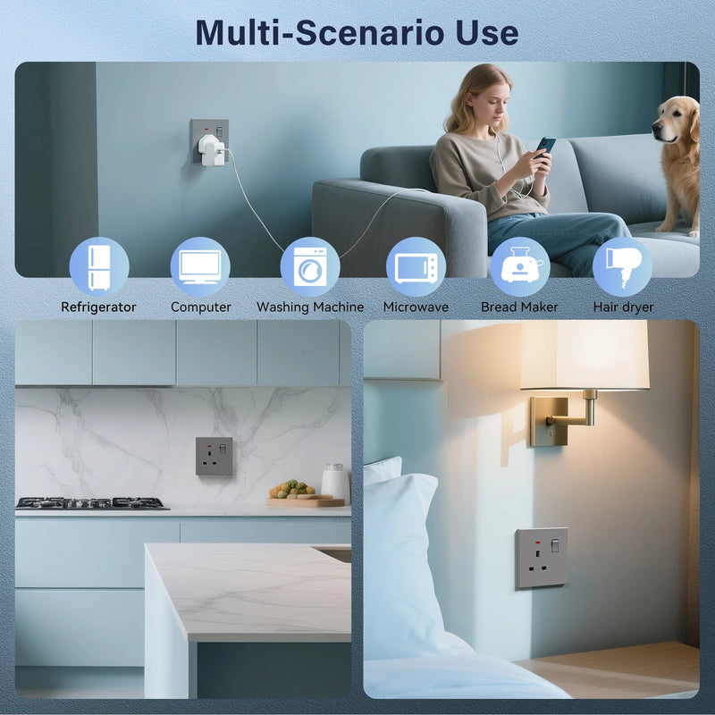 BSEED UK Standard Switched Wall Socket Double Electric UK Outlet with Switch Integrated Panel Plastic for Kitchen Bedroom 13A