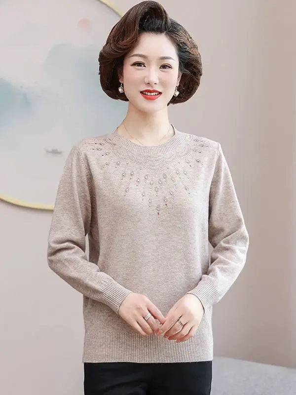 New Mid Aged Mother Pullovers Spring Autumn Sweater Fashion Diamond Knitwear Bottom Top Round Neck Pull Women Knitting Shirt