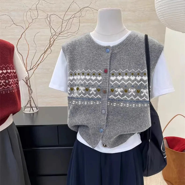 Retro Jacquard Knitted Cardigan Vest Women's Spring Autumn Round Neck Lazy Wind Casual Stacked Top Sleeveless Knitwear Sweater