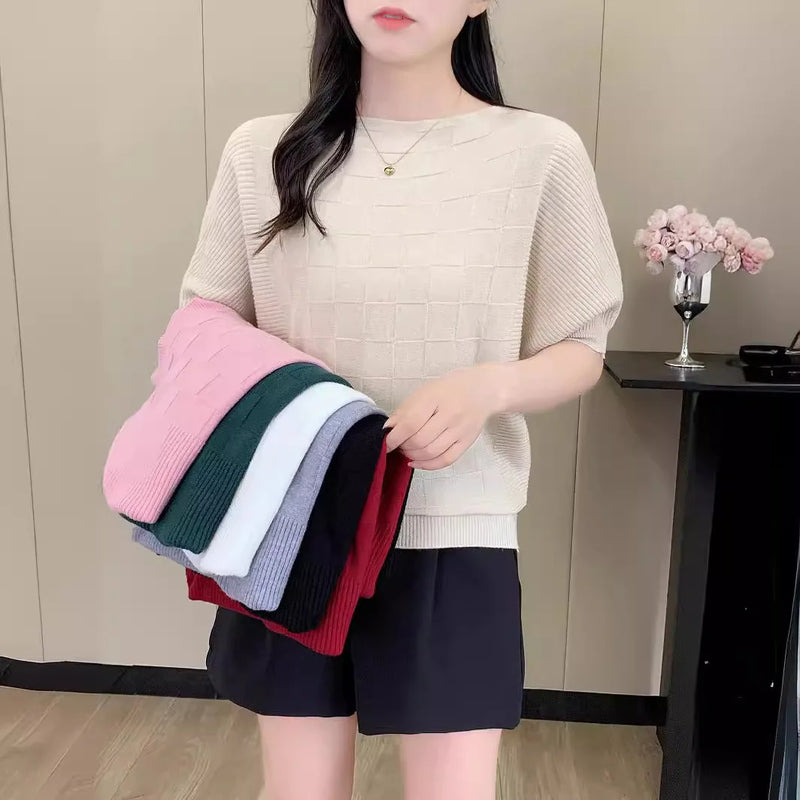 Korean Fashion One-word Collar Casual Bat-sleeved Knitted Sweater Women's Top Spring Summer Knitwear Pullover Jumper Shirt
