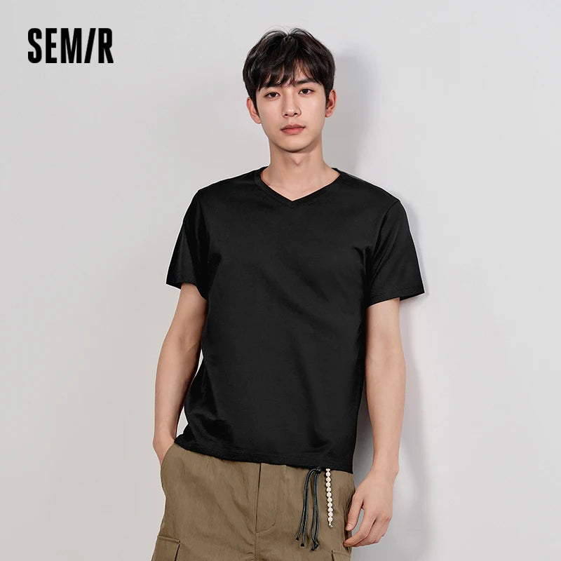 Semir Men T Shirts 2026 Summer New Basic Solid V Neck 3A Antibacterial Comfortable Casual Tops