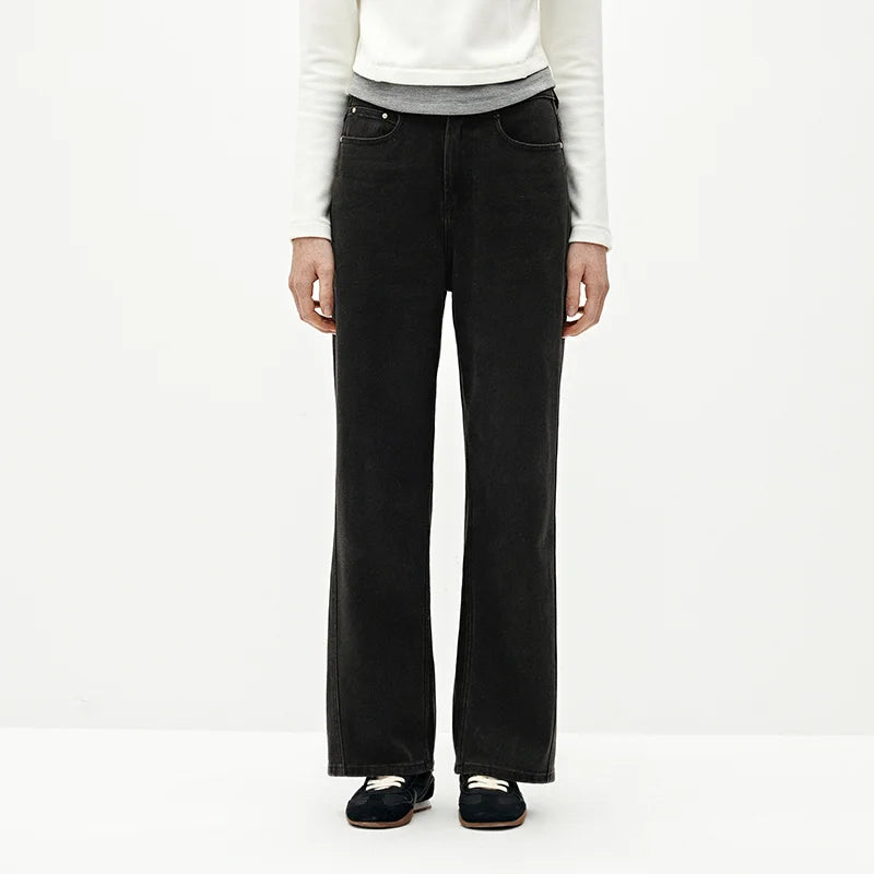Semir Women Jeans Slim Fit Wide Leg Solid Color Open Hem 2026 Winter Everyday Style Full Length Comfort Fit Denim Fabric