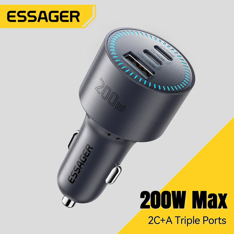 ឆ្នាំងសាករថយន្ត Essager 200W Quick Charge 4.0 PPS PD 100W សាកលឿន USB C ឆ្នាំងសាកទូរស័ព្ទក្នុងរថយន្តសម្រាប់ Macbook iPhone 17 16 Samsung S25