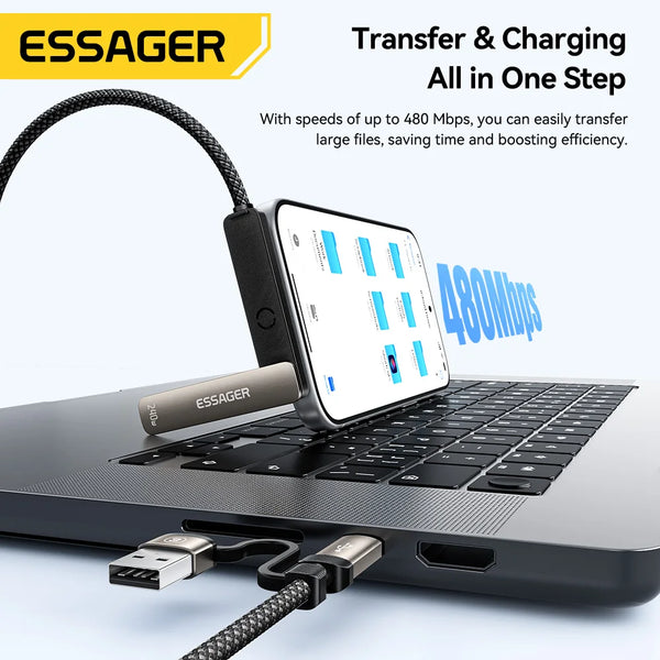 ខ្សែសាក Essager 2 ក្នុង 1 Elbow 240W USB C ជាមួយជើងទម្រទូរស័ព្ទសម្រាប់ iPhone 17 16 Pro Max iPad ខ្សែសាកប្រភេទ C សម្រាប់ Macbook Xiaomi Samsung S25