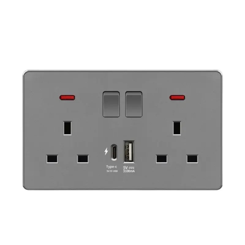 Grey UK USB Plug type c 18W Fast Charging Wall Socket, Universal 3.1A USB C socket, Water heater electrical light switch panel