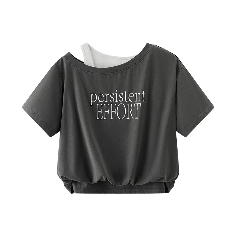 Semir Womens Tshirt 2026 Short Ruffle Oversized Letter Fake Two Piece Oblique Shoulder Stylish Slim Fit Casual
