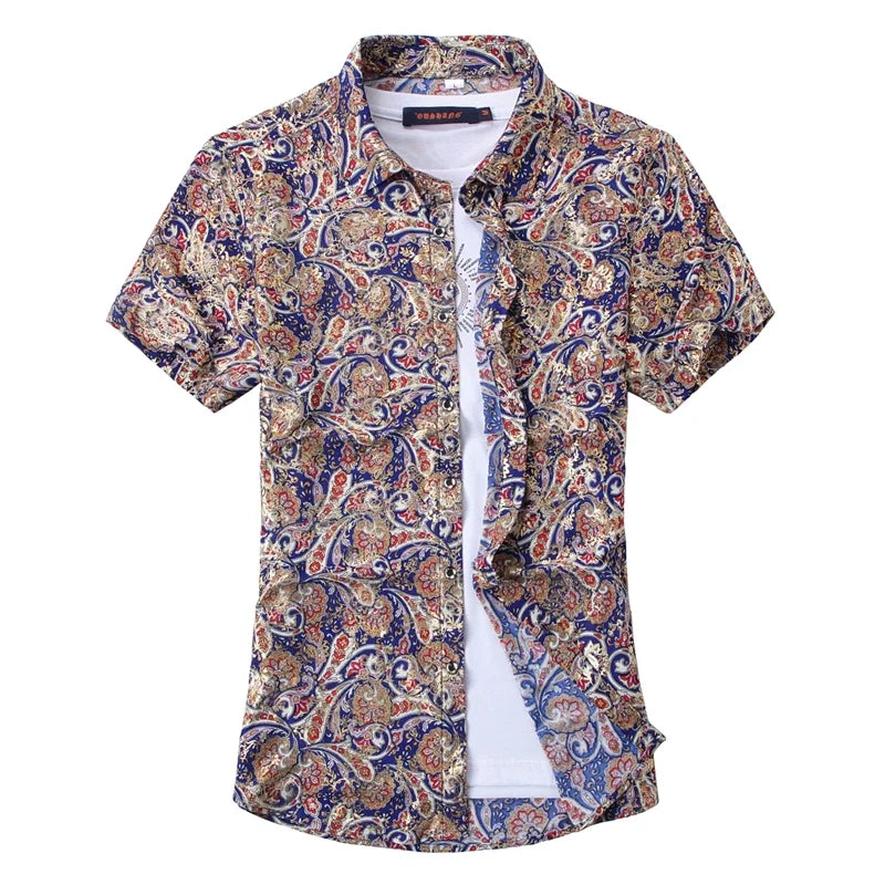New Summer Collection of Men's Short-sleeve Printed Shirts, Red Single-breasted Button-down Shirts, Asian Sizes M–7XL.