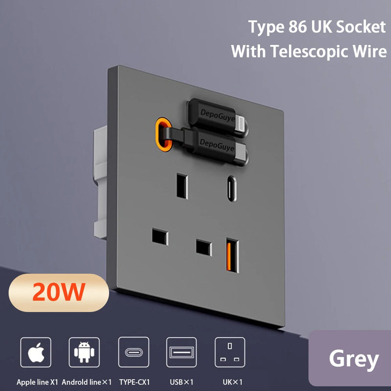 86 Type Universal 20W USB Type-C Socket Panel With Expandable Charging Cable Outlet,UK Mobile phone charging Type-c Socket