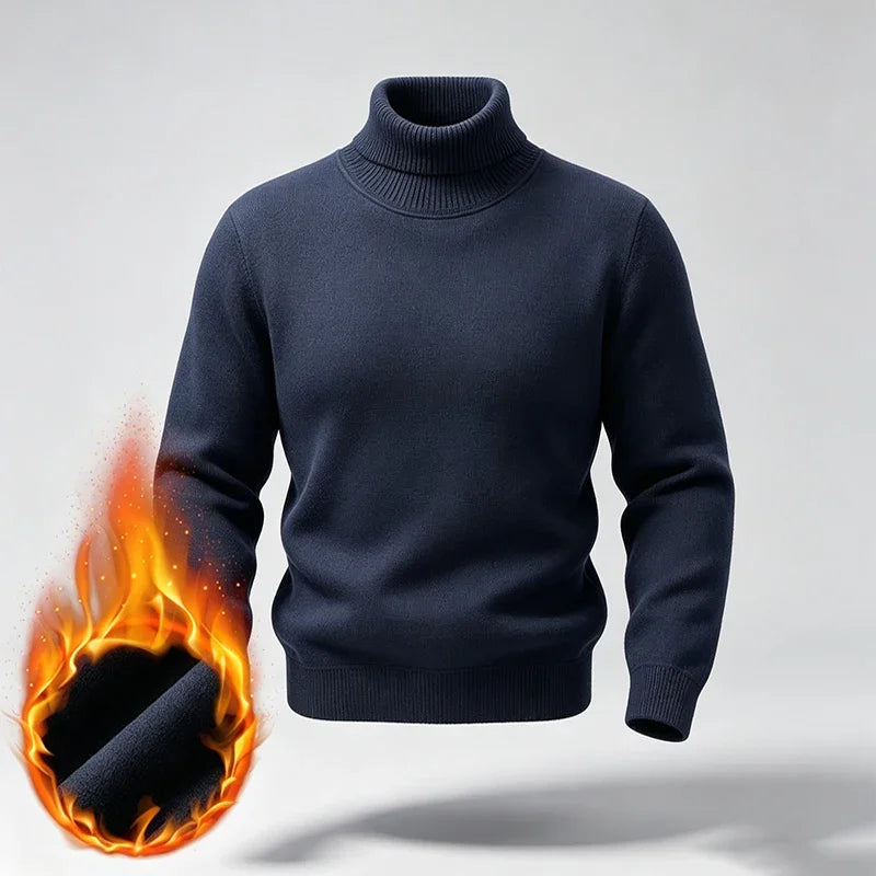 Men Fleece Lined Turtleneck Knit Sweater Ribbed Cuff Thermal Pullover For Winter Urban Daily Commute And Street Casual Outfits