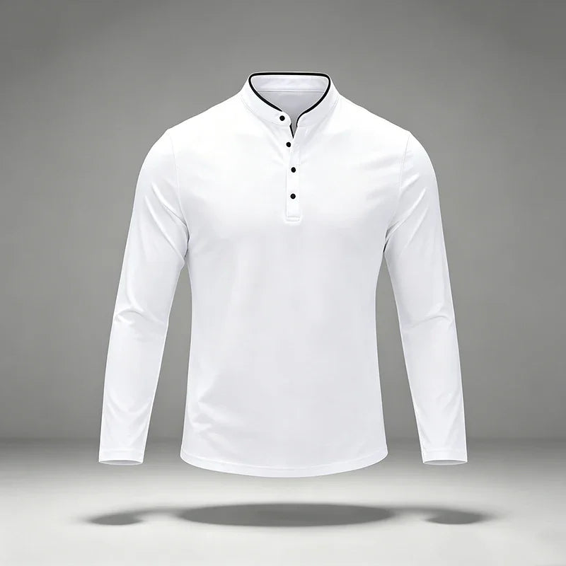 Slim Cut Stand Collar Long Sleeve Polo For Males Button Placket Neck Trim Detail Soft Fabric Business Streetwear Apparel