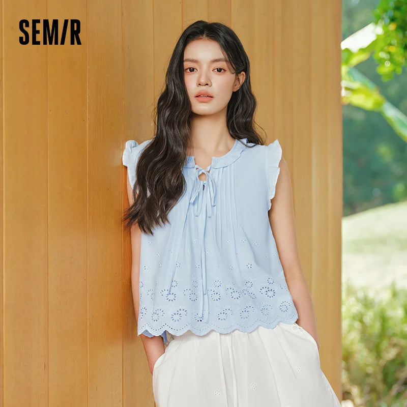 Semir Women Shirt Cotton Embroidered Bow Short Length Ruffle Lace Sweet Stylish 2026 Summer Casual Fashion Versatile Top