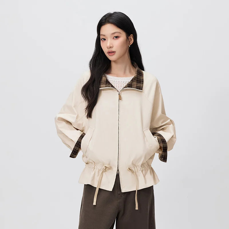 Semir Women Jacket Panelled Design Plaid Pattern Raglan Sleeve Oversized Fit Retro Style Drawstring Detail 2026 Autumn