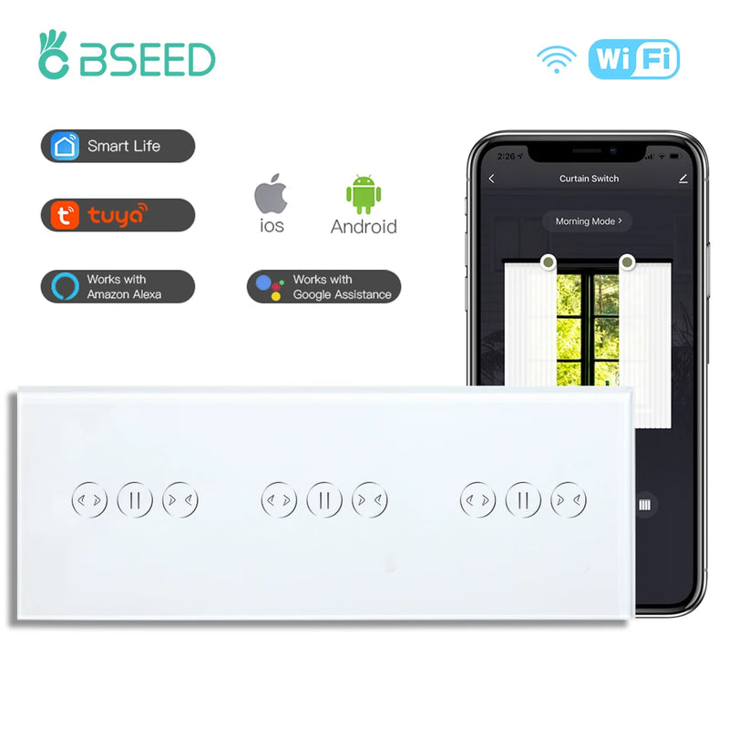 BSEED WiFi Curtain Switch Wireless Smart Touch Switch for Smart Life Tuya Alexa Blind Roller Shutter With Neutral Line