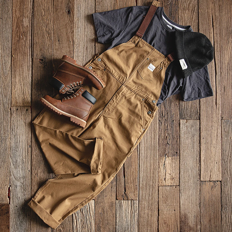 ខោ Maden Vintage Khaki Vintage Strap Pants Amekaji One Piece Pocket Straight Tube Sling Pants Men's Fashion