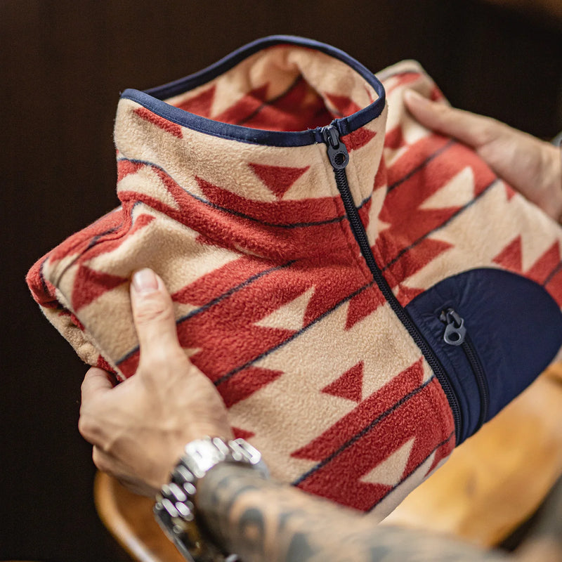 អាវ Maden សម្រាប់បុរស អាវក្រៅ Navajo Polar Fleece កអាវឈរ ធ្វើពីក្រណាត់ Zip-Up Patchwork អាវក្រៅក្តៅ សម្រាប់អាវរដូវផ្ការីក និងរដូវស្លឹកឈើជ្រុះ