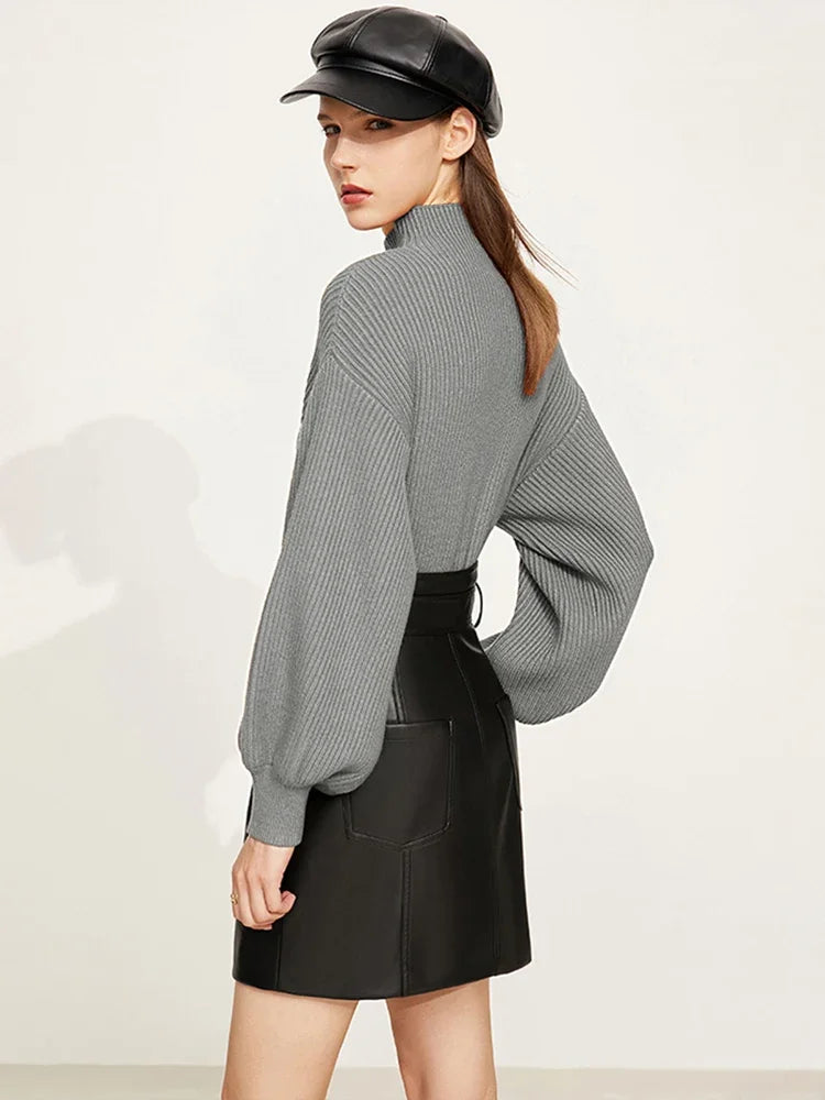 AMII Minimalism Sweaters Women 2026 Winter New Fashion Solid Casual Mock Neck Loose Lantern Sleeve Pullover Knitted Top 12241241