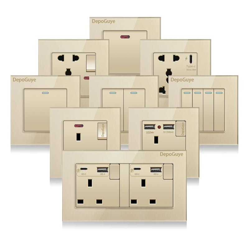Gold UK 13A Tempered Glass Dual Socket,Universal Power Outlet With USB Type C 18W Quick Charge,Home Light Electric Switch Panel