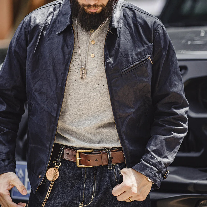 អាវក្រៅ Maden បុរស Vintage IV Oil Waxed Canvas Jacket Lapel Zipper Short Outerwear Classic Slim Fit for Men's Spring and Fall Jacket