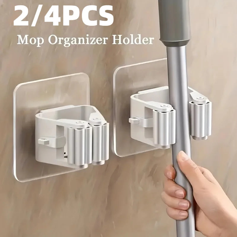 2/4pcs Mop Organizer Holder, Seamless Wall Mounted Mop Clips with No Drill, Strong Adhesive Bathroom Storage Hooks.