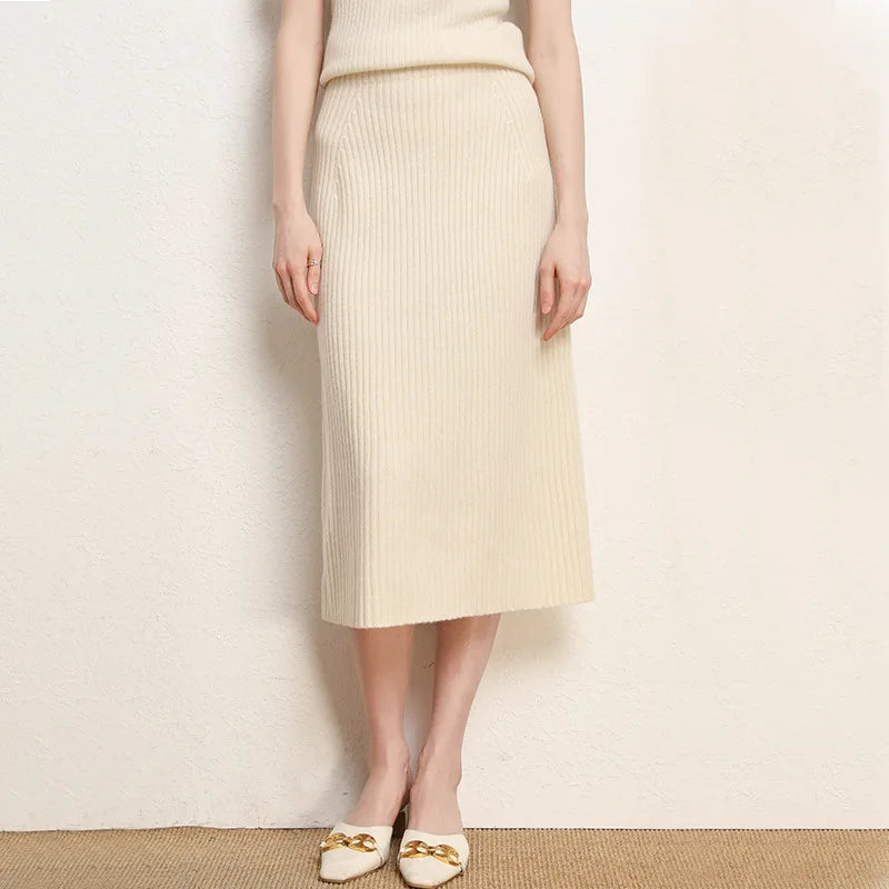 Women's Brown Knit Skirt for Winter, High-waisted, Pink, Calf-length; Available in Black, Beige, and Apricot.