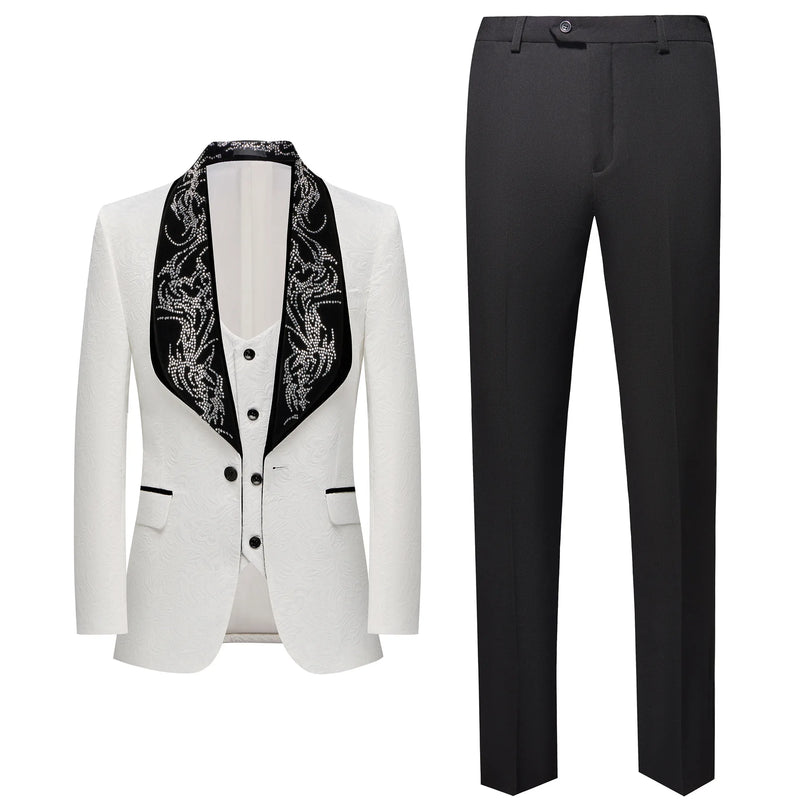 Red Men's Three-piece Suit Set Featuring A Jacquard Jacket and Vest Paired with Pants. Blue, Green, Purple, Pink, and White.