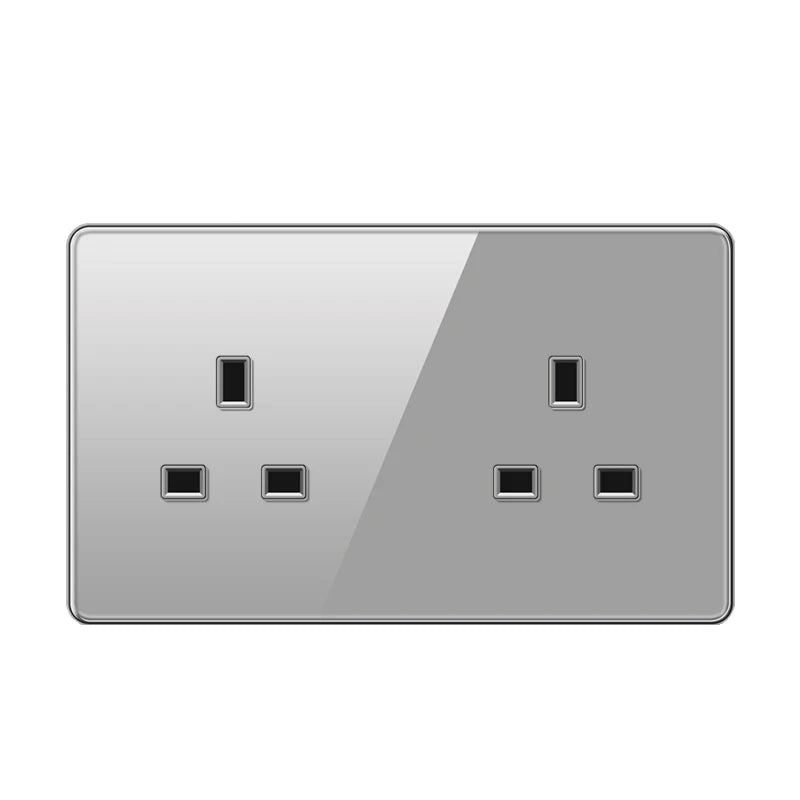 UK 13A Wall Tempered glass Socket Plug,British Standard Double 13A Wall Electrical Power Outlet Panel Black/White/Gray/Glod