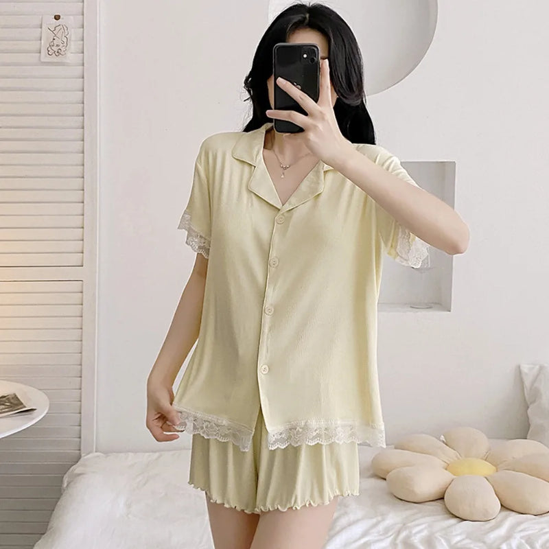 New Summer Pajamas Chest Pad Pink Sleepwear Short Sleeve Nightwear 2 Pieces Set for Woman Loungewear Sleep Lounge Wear Pijama