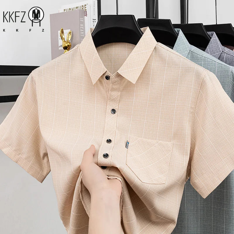 Mens Regular Fit Plaid Pattern Short Sleeve Shirt Turn Down Collar Tops For Men Daily Office And Work