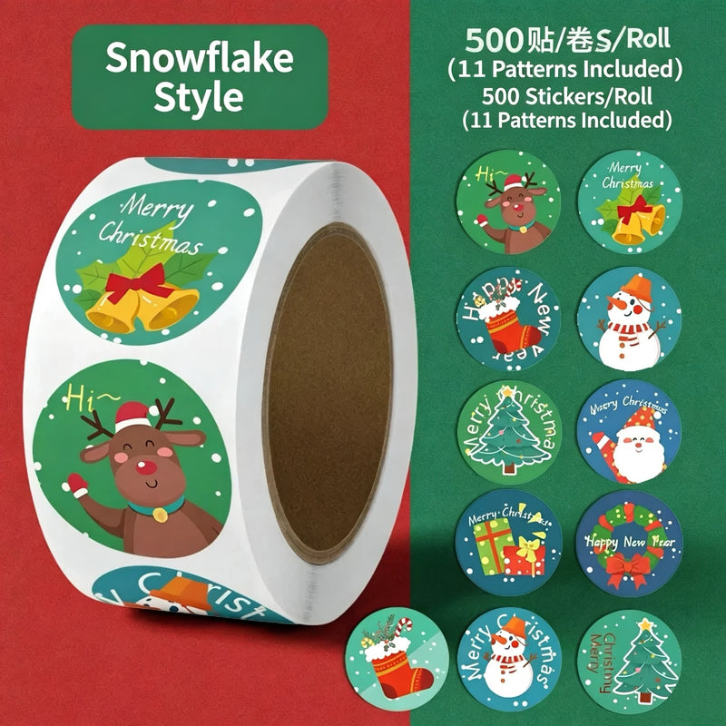 500pcs Christmas Sticker Theme Christmas Eve Gift Packaging Paper Round Sealing Stickers Roll Pack Children's Reward Stickers
