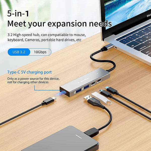 អាដាប់ទ័រ USB ប្រភេទ C ៤ រន្ធ Blueendless USB 3.2 ជំនាន់ទី ២ ល្បឿន 10Gbps ល្បឿនលឿន ៤ ក្នុង ១ សម្រាប់កុំព្យូទ័រយួរដៃចល័ត អាដាប់ទ័រជាមួយរន្ធសាក 5V
