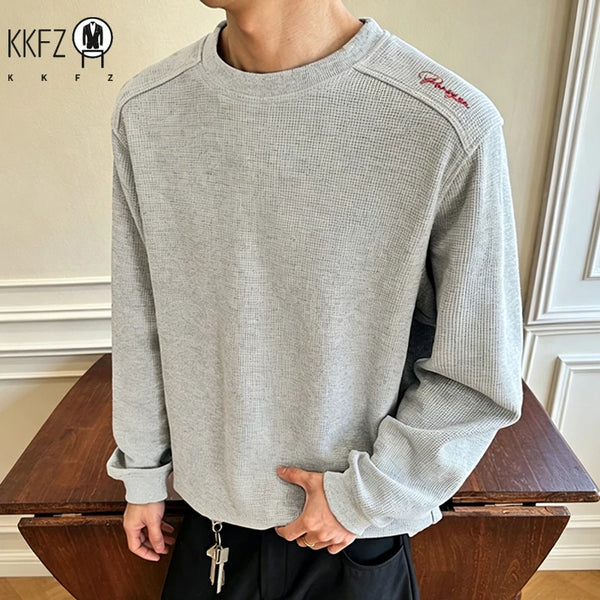 Mens Raglan Sleeve Waffle Crew Neck Top Shoulder Embroidery Detail Loose Cut Soft Fabric Casual Daily Wear