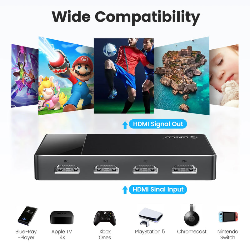ORICO HDMI-compatible 2.0 Switch 5 In 1 Out 4k@60HZ Switcher Converter for TV PS5 Xbox PC Fire Stick With IR Remote Control