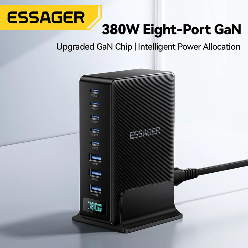 ឆ្នាំងសាក Essager 380W GaN 8 in 1 ជើងទ្រសាកថ្មលឿនសម្រាប់កុំព្យូទ័រយួរដៃលើតុ iPhone 17 16 15 Pro Max Macbook Air Xiaomi Samsung ថេប្លេត