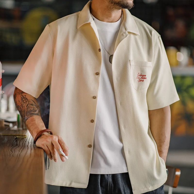 Maden Summer Hawaiian Embroidered Short Sleeve Shirt Men's Cuban Collar Lapel Draping Shirts Daily Vacation Versatile Tops
