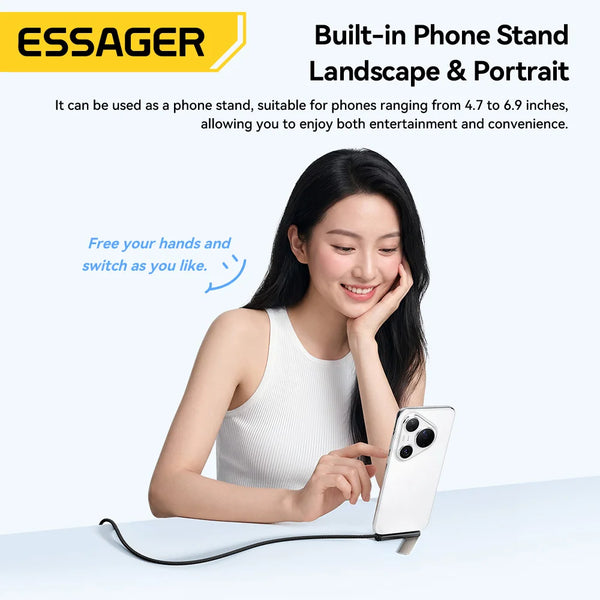ខ្សែសាក Essager 2 ក្នុង 1 Elbow 240W USB C ជាមួយជើងទម្រទូរស័ព្ទសម្រាប់ iPhone 17 16 Pro Max iPad ខ្សែសាកប្រភេទ C សម្រាប់ Macbook Xiaomi Samsung S25