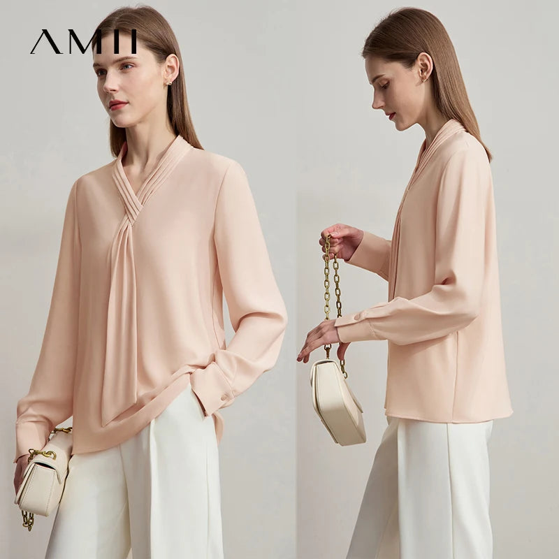 អាវ Amii Minimalist Chiffon សម្រាប់ស្ត្រី អាវតូច ក V ដៃវែង រចនាប័ទ្មធ្វើដំណើរ អាវធំត្រង់រាងបំពង់ 12511095