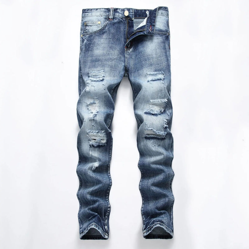 Vintage-style Men's Blue Jeans, Distressed Denim Pants, Asian Sizes 28–34 36 38 40 42.