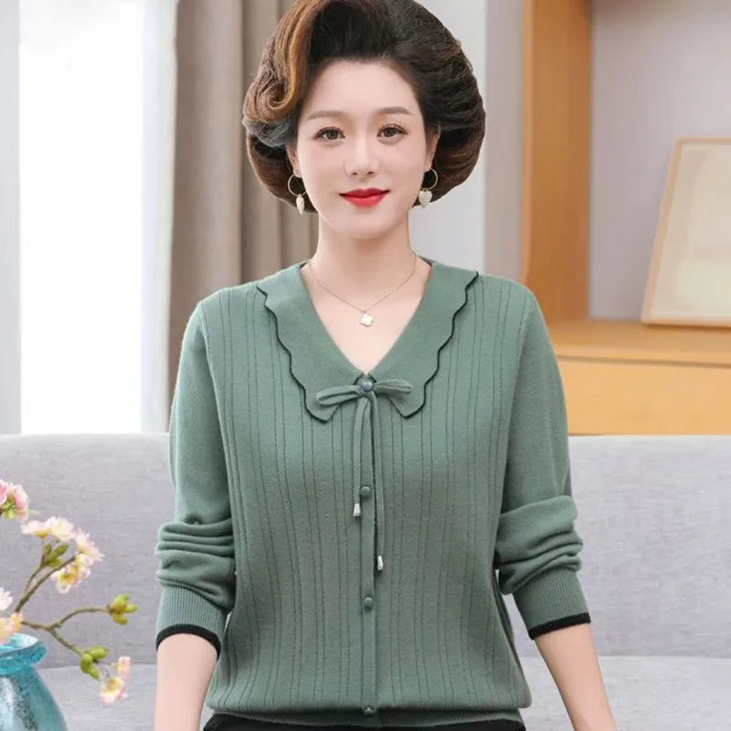 Pulls Femmes New Lapel Long Sleeve Shirt Spring Autumn Woolen Sweater Women Elegant Mother Knitwear Tops Pullover Jumper