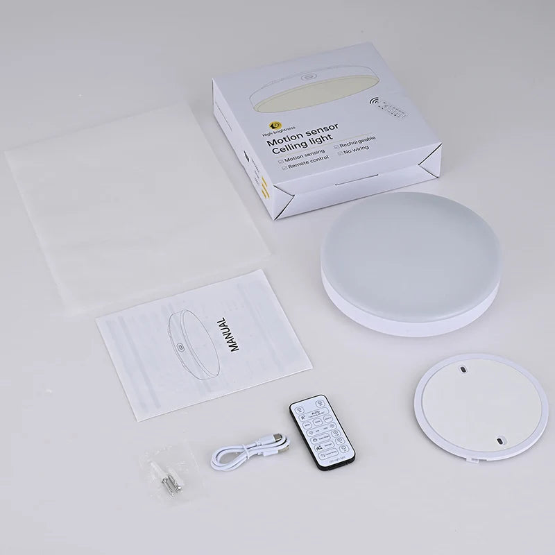 ភ្លើងពិដាន LED 10000mAh អាចសាកបាន ឧបករណ៍ចាប់សញ្ញាចលនារ៉ាដា ភ្លើងជញ្ជាំងអាចបន្ថយពន្លឺបាន ភ្លើងពេលយប់សម្រាប់ទូខោអាវ បន្ទប់ទឹក ច្រកផ្លូវ