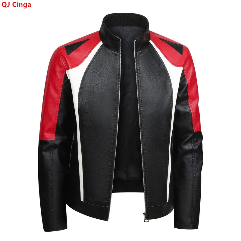 New Fall Men's Faux Leather Jacket with Red, Black, and White Color-blocked Accents—a Stylish and Casual PU Coat.