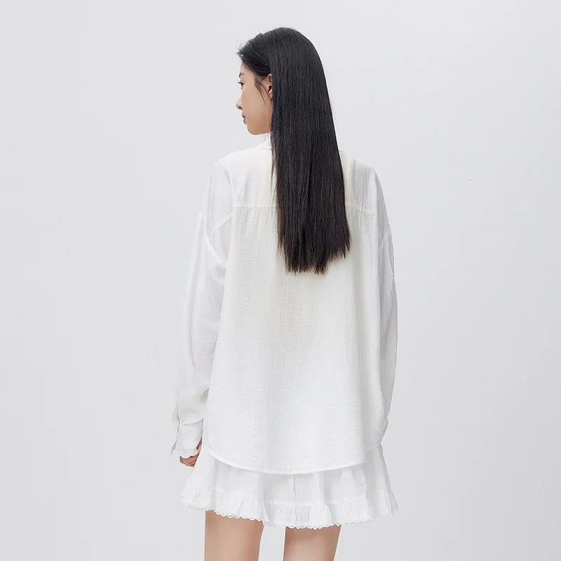 Semir Relaxed Shirt Women 2026 Spring Mid Length Linen Like Texture Oversize Lace Casual Comfortable Daily Wear Blouse