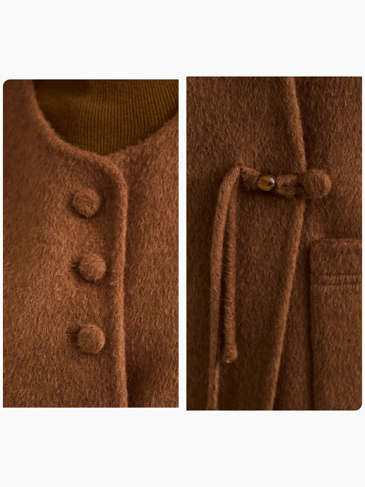 AMII Minimalist Neo-chinese Woolen Camel Wool Double Side Coat for Women 2026 Winter Round Neck Female Loose Outerwear 12444124