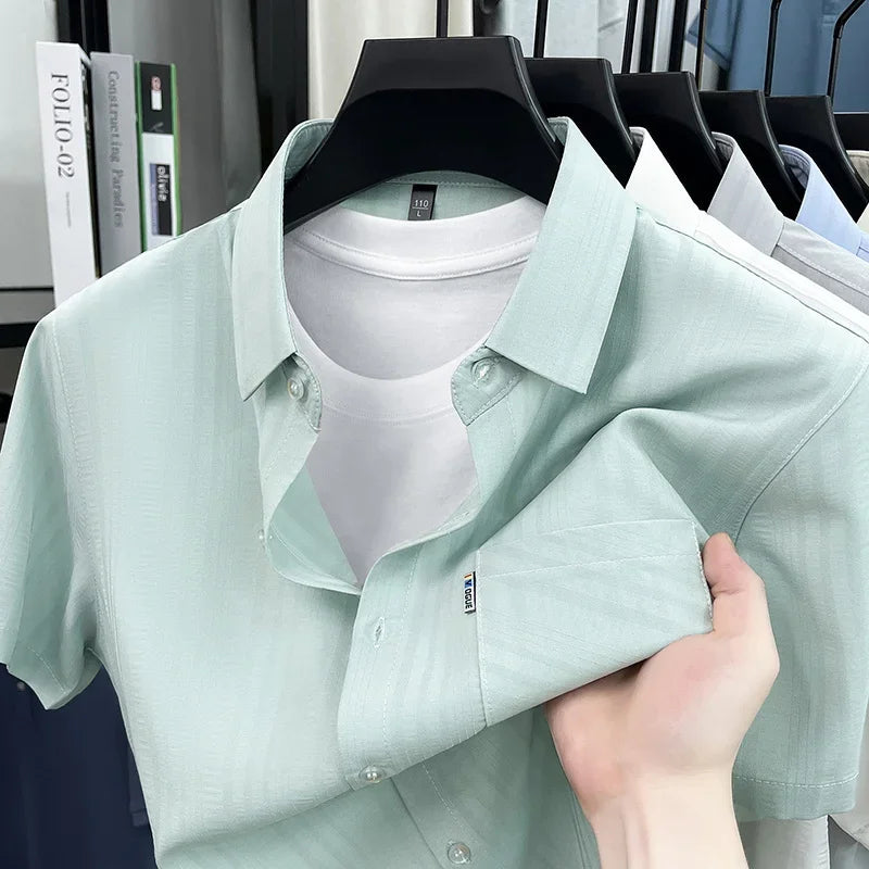 Mens Short Sleeve Shirt Casual Regular Fit Button Up Lapel Collar With Pocket Soft Breathable For Business Weekend Wear