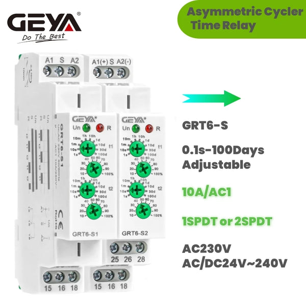 រេឡេពន្យាពេលវដ្ត GEYA GRT6-S AC/DC24V-240V រេឡេអសមមាត្រ SPDT 220V 10A រេឡេអេឡិចត្រូនិចម្តងទៀត