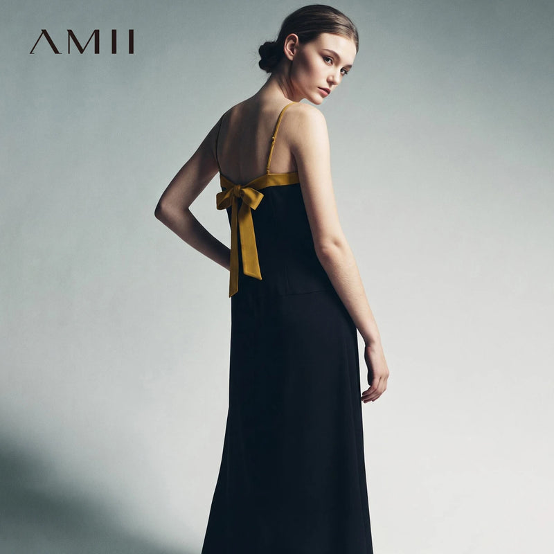 Amii Women’s Dress 2026 Summer New Color Block Tie A-Line Long Cami Dress Cutout Back Loose Fit Casual Woman Clothes 12652054