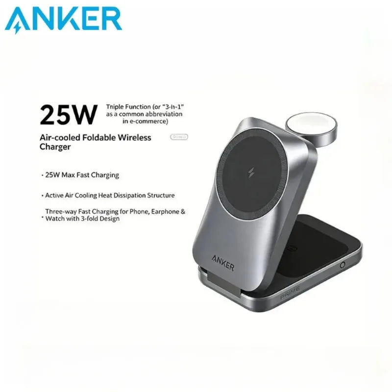 ឆ្នាំងសាកឥតខ្សែ Anker B25N1 3-in-1 អាចបត់បាន Qi2 MagSafe 25W សម្រាប់ធ្វើដំណើរចល័ត សម្រាប់ iPhone Apple Watch AirPods