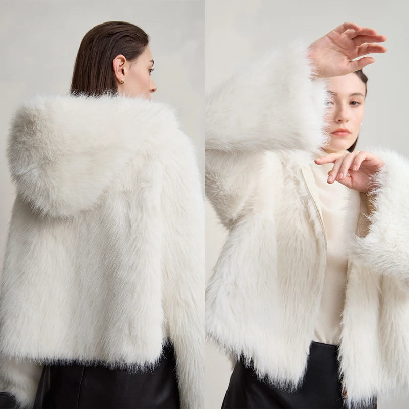 AMII Woman Faux Fur Coat 2026 New Coats Winter Warm Loose Hooded Long Sleeves Elegant Soft Women's Outerwear Jackets 12524016