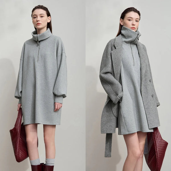 AMII Minimalist Grey Dresses For Women 2026 Autumn Large Turn-Down Collar Pullover Sports Dresses Loose Casual Dresses 12513003